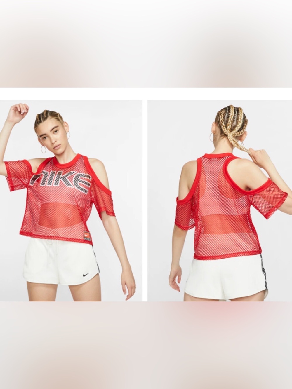 Nike Women's Red Mesh Cold-Shoulder Crop Top